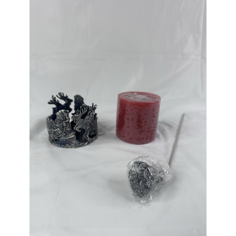Pewter Santa Reindeer Sleigh Christmas Candle Holder Round Metal 3" Diameter